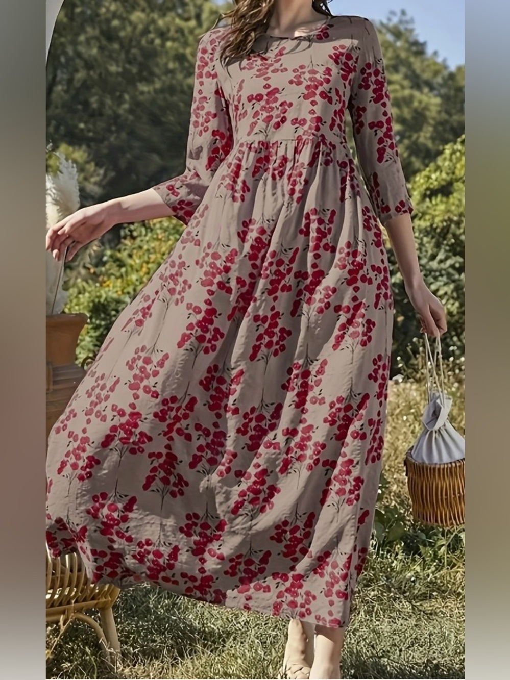 Floral Red Patterned Maxi Dress (Size: S)